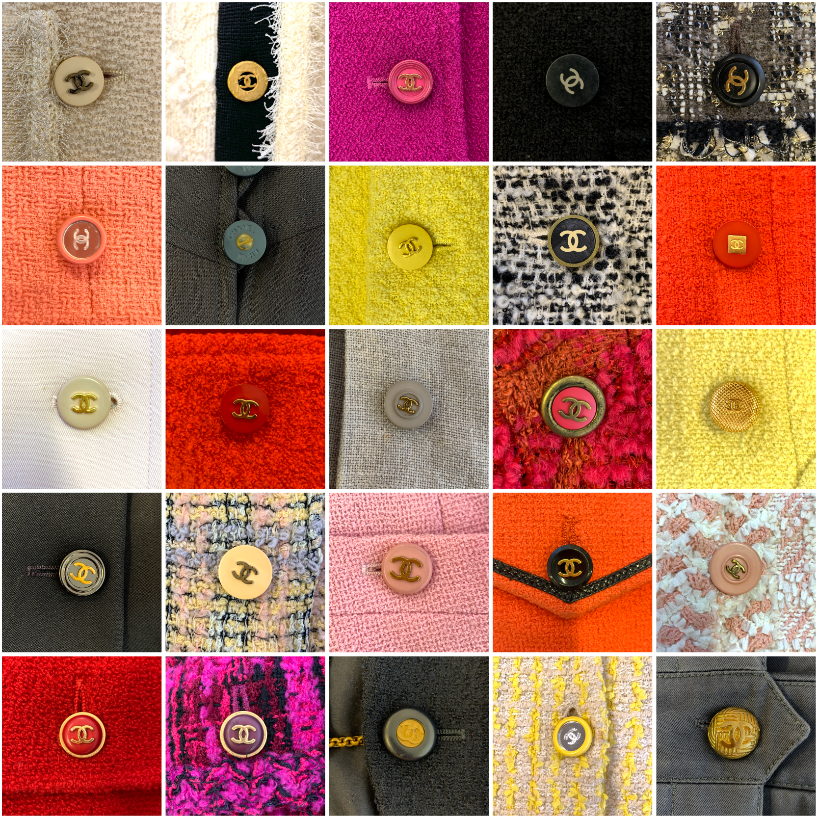 A collection of buttons on HULA's Chanel jackets